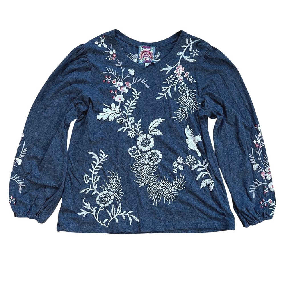 Johnny Was Navy Floral Embroidered Peasant Blouse